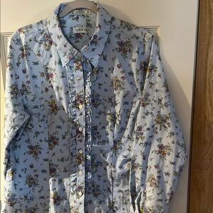Orvis Blue Casual Button Down Shirt with Floral Design.Ruffle detail